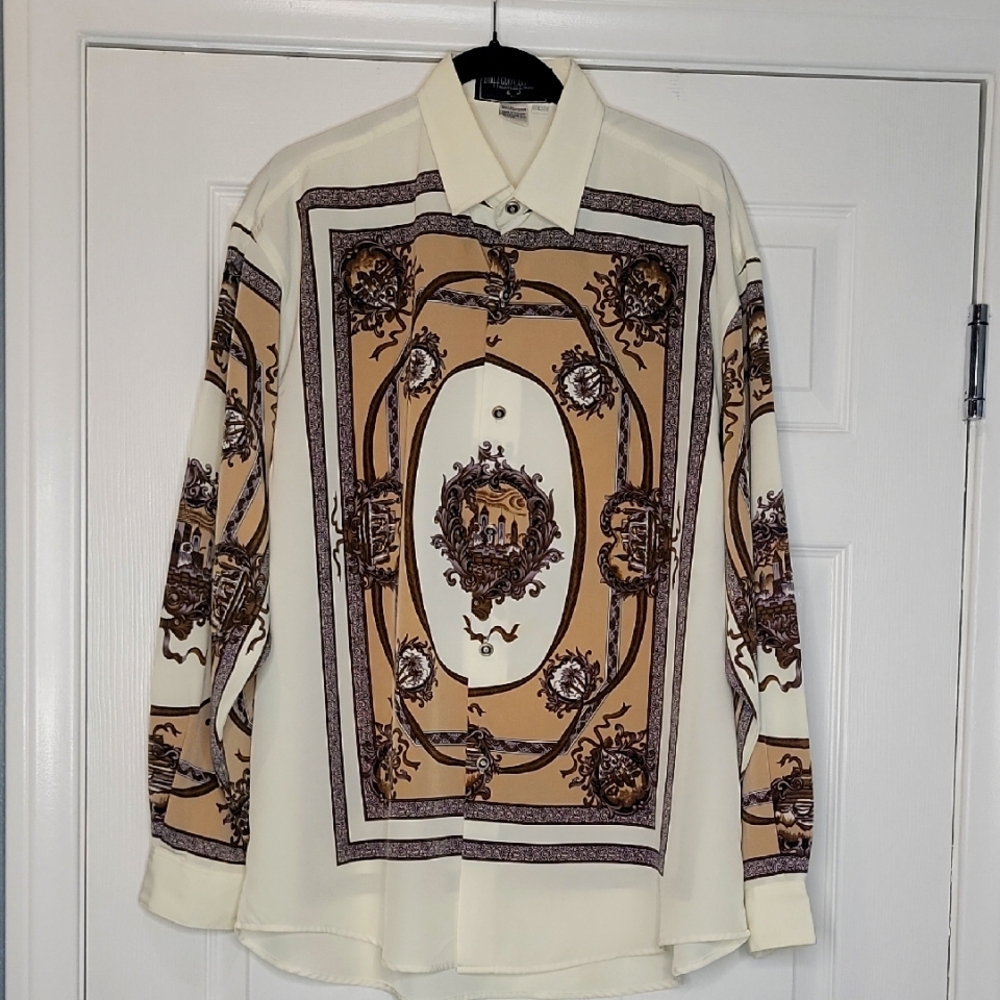 Men's two-piece Cream and Brown Patterned Shirt and brown pants.
